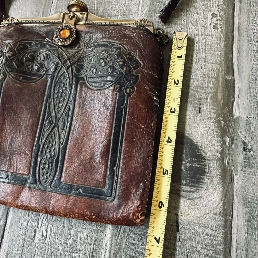Amity Vintage Antique Leather Tooled Wallet Pouch Bag